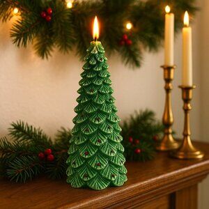 Metallic Green Christmas Tree Candle Vintage Holiday Decor Retro Holiday Decor